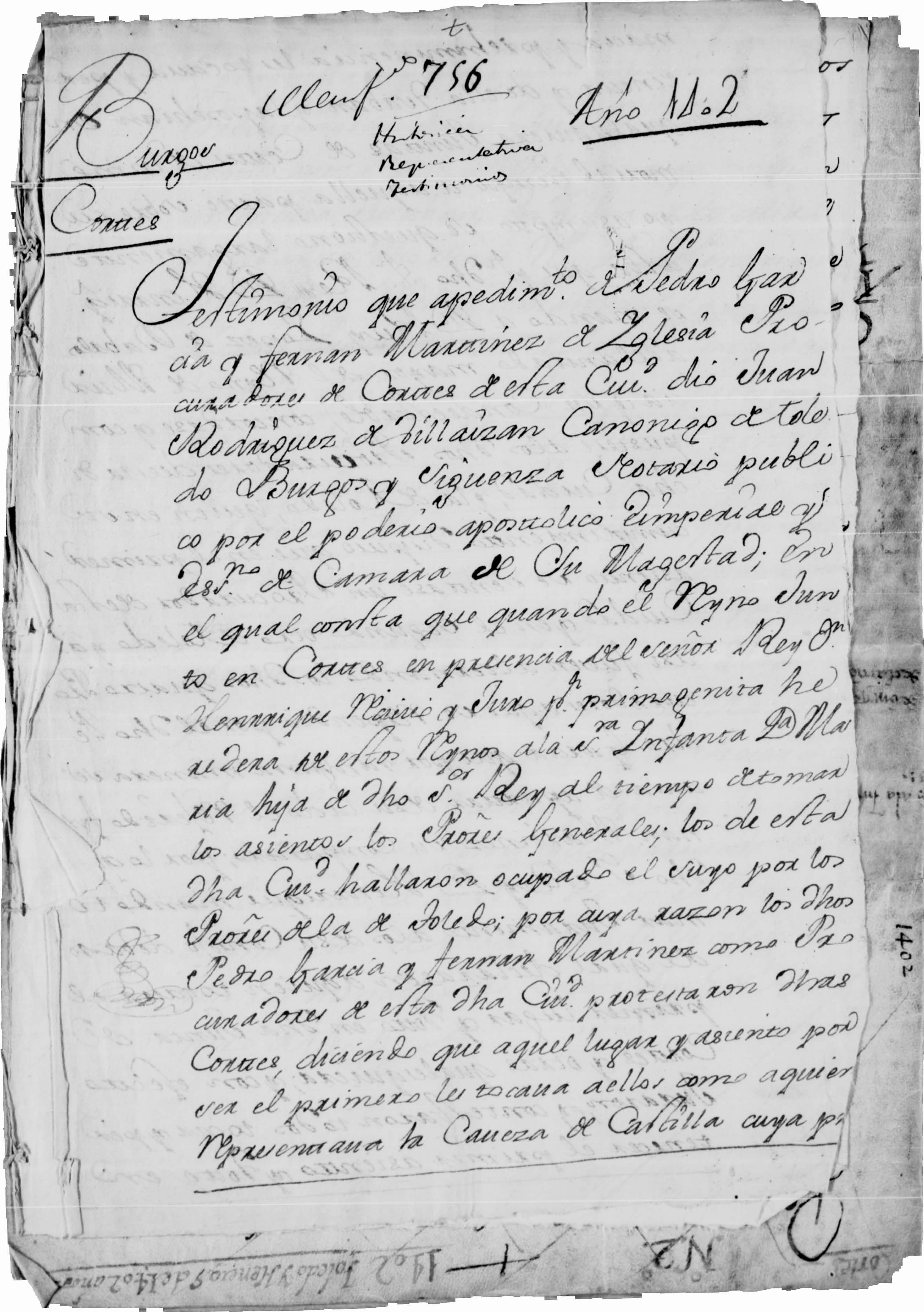 Testimonio notarial Cortes Toledo 1402 antiguo